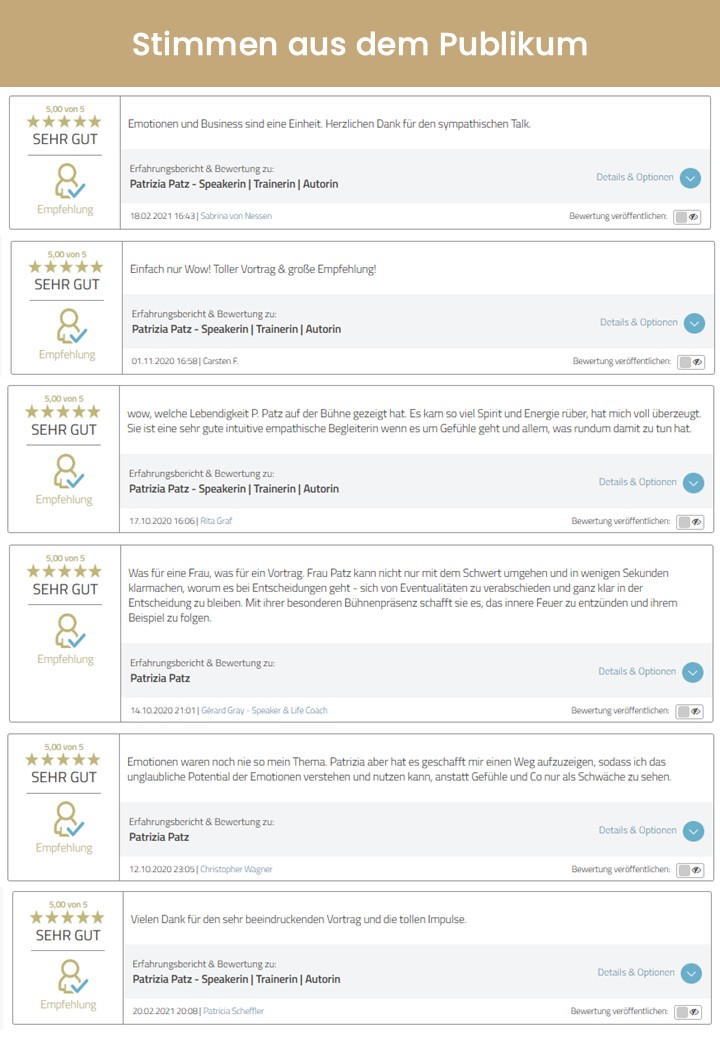 Header 'Stimmen aus dem Publikum' with a feed of five-star audience reviews praising Patrizia Patz (Speakerin | Trainerin | Autorin).